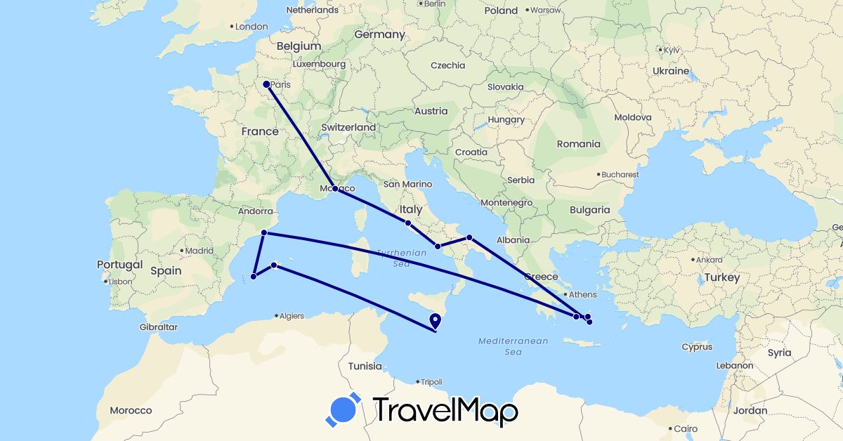 TravelMap itinerary: driving in Spain, France, Greece, Italy, Malta (Europe)